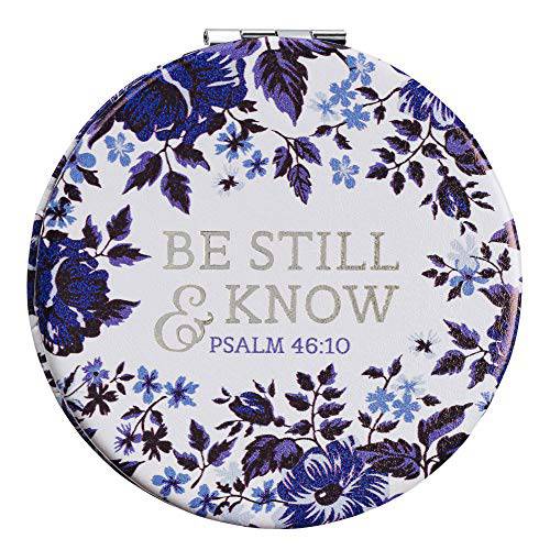 Christian Art Gifts Be Still and Know Blue Flowers Folding Compact Mirror 2X Magnification Ultra Portable for Purses/Travel - Psalm 46:10 Bible Verse, Inspirational Gift Women