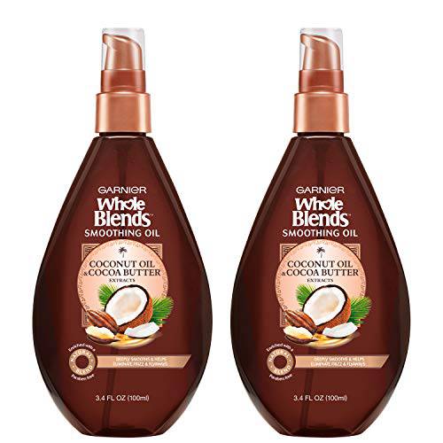 Garnier Whole Blends Smoothing Oil Treatment with Coconut Oil and Cocoa Butter, for Frizzy Hair, 3.4 Fl Oz, 2 Count (Packaging May Vary)