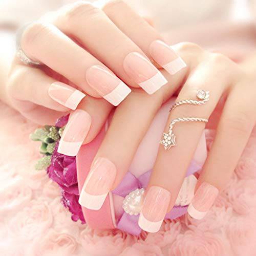 Yalice French Square Fake Nails Natural Short Press on Nails Nude Pink Artificial Full Cover Faux Nails Instant Daily Wear Fingersnails for Women and Girls 24Pcs (FN-015)