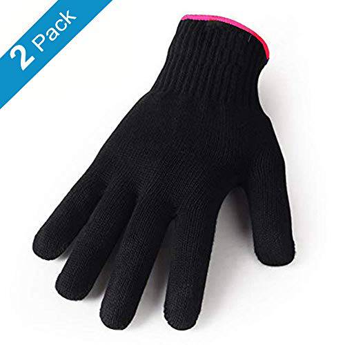 2 Heat Resistant Glove for Hair Styling, Curling Iron, Flat Iron and Curling Wand, Black, Pink Edge