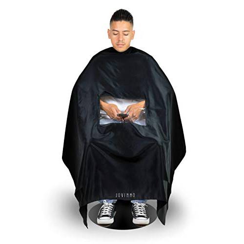 Jovinno - Large Size Premium Quality Black Hair Cutting Barber/Salon Window Cape Soft Gown Apron With Mobile Phone Viewing Window, Metal Snap Neck Closure, Hanging Hook Static Free (Bottom Logo)