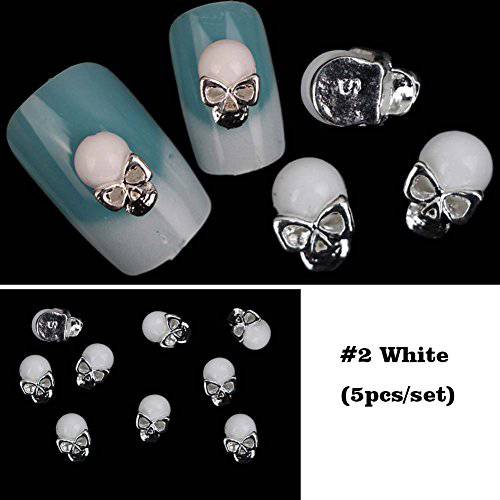 Lookathot 5PCS 3D Nail Art Decals Black White Metallic Skull Studs Rhinestones Diamonds Pearls Drills Alloy Manicure DIY Decoration Tools Halloween (2 White Skull(5pcs))