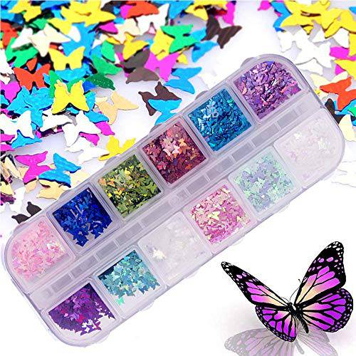 Kalolary 12 Color 3D Butterfly Nail Art Glitter Sequins, Splarkly Laser Butterfly Nail Sequin Acrylic Paillettes, Holographic Nail Sparkle Glitter for Nail Art Decoration Makeup Resin Mold DIY