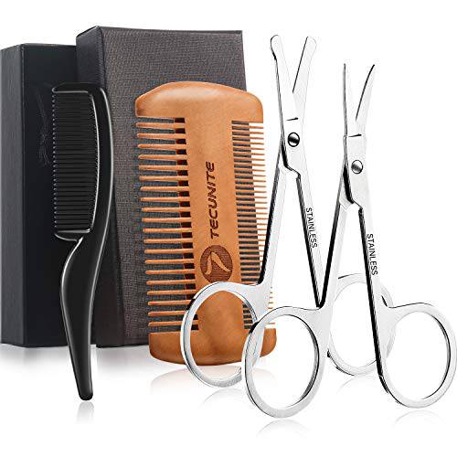 TecUnite 4 Pieces Beard Trimming Scissors Set, Grooming Scissors for Men and Mustache Beard Comb Beard Grooming Trim Scissor Kit with Storage Bag (Style 2)