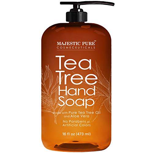 MAJESTIC PURE Tea Tree Hand Soap - Liquid Hand Wash with Pure Aloe Vera, Rosemary & Spearmint - Hand Wash with Pump - Sulfate Free Formula -16 fl oz