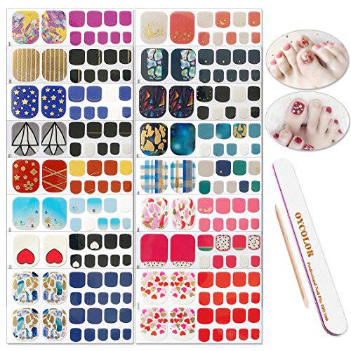 DANNEASY 12 Sheets Adhesive Toe Nail Wraps Polish Stickers with 1Pc Nail File + 1Pc Wood Cuticle Stick Glitter Nail Art Decals Manicure Design for Women