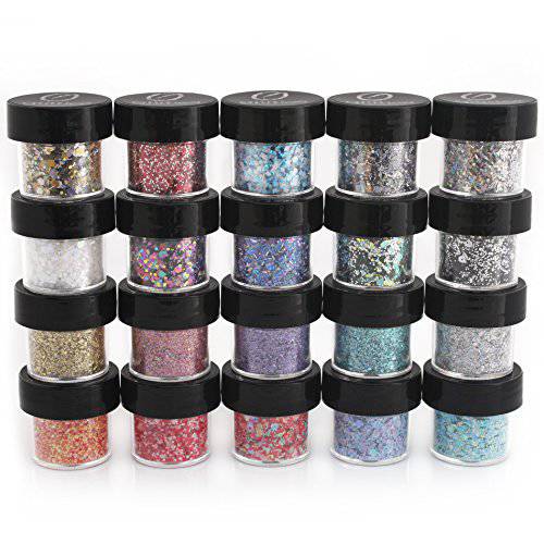 GLITTIES - (20 PK) - Custom Mixed Glitter - Great for Nail Art Polish, Gels, Art and Crafts, Paints & Acrylics Supplies - Includes Solvent Resistant, Powder, Hexagon, Holographic, Matte - (200 Grams)