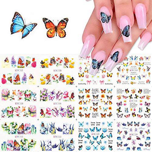 Butterfly Nail Art Decals Stickers Nail Accessories Decorations Nail Supplies Nail Art Stickers for Women Girls Butterfly Flower Stickers Water Transfer Decals Manicure 12 Sheets