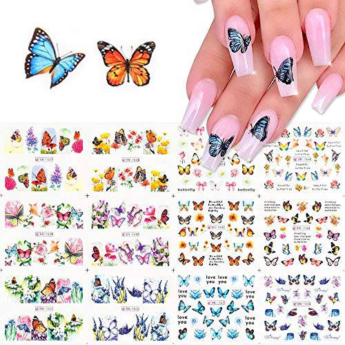 Butterfly Nail Art Decals Sticker Nail Butterfly Flower Stickers Nails Design Supply Water Transfer Nail Decals Butterflies Nail Art Supplies DIY Manicure Accessories Foil Nail Art Designs (12 Pcs)