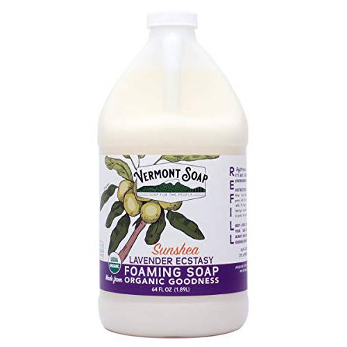 VERMONT SOAP Organic Lavender Foaming Hand Soap - Natural Moisturizing Soap for Dry Skin - Fragrance Free Liquid Bathroom Hand Soap Dispenser - Lavender- 64 oz