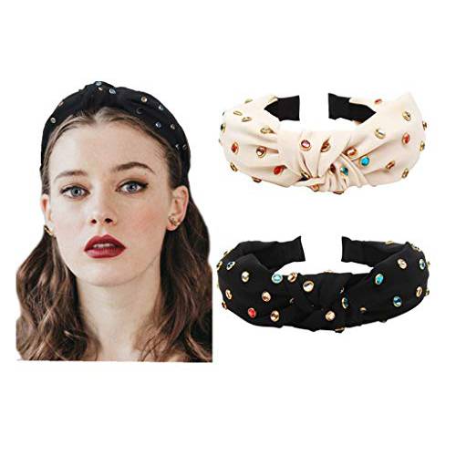 Knot Headbands for Women Knotted Pearl Colorful Rhinestone Jeweled 2 Pcs Beaded Wide Band Fashion Headbands For Girl Bohemian Hairband