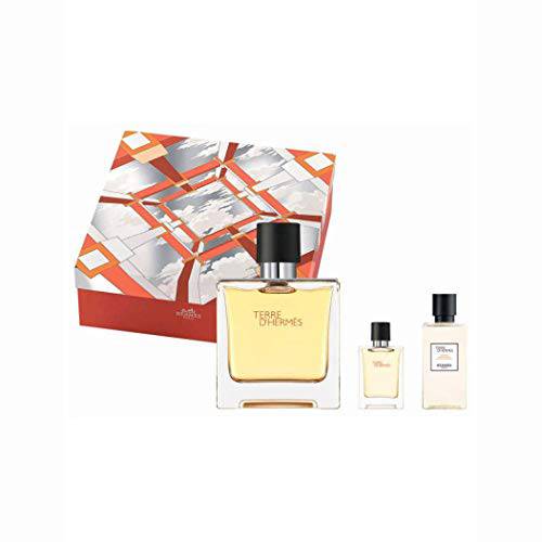 HERMES Terre D’For Men 3 Piece Set (2.5 Ounce Pure Perfume Spray + 0.42 Ounce Mini + 1.35 Ounce After Shave Lotion), multi color