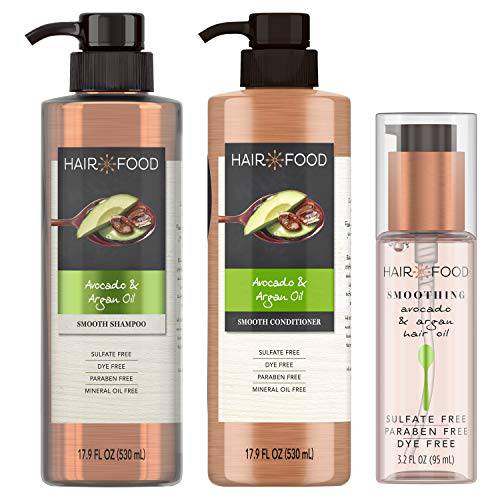 Hair Food Sulfate Free Smoothing Shampoo and Conditioner with Smoothing Hair Oil, Avocado & Argan Oil, Dye Free, Bundle