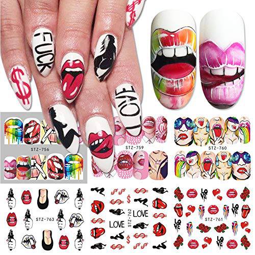 9 Sheets Nail Art Stickers Water Transfer Nail Decals for Women Girls Sexy Lips Cool Girls Nail Decals Fingers Toes Manicure Nail Decoration Design Nail Stickers Nail Art Supplies