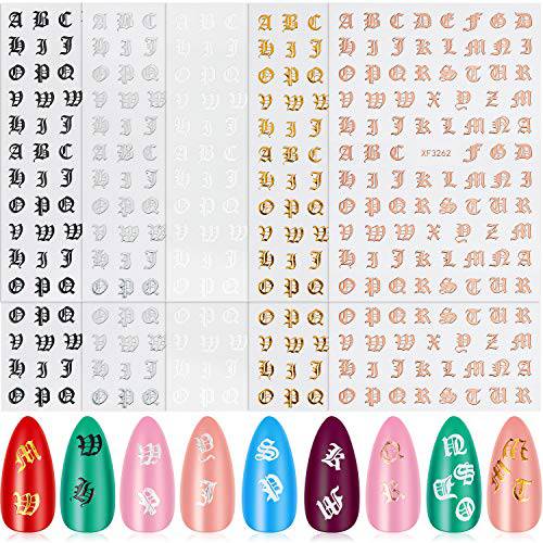 10 Pieces 3D Letter Nail Stickers Alphabet Letter Nail Stickers English Adhesive Nail Decals for Salon Home DIY Nail Decoration, 5 Colors