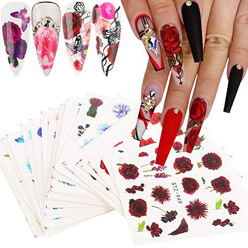 Flowers Nail Art Stickers Decal Nail Decorations Rose Flower Nail Design Sticker Nail Art Accessories 24 Sheets Flower Nail Stickers for Women Manicure Decals for Acrylic Nails Art Supplies Kit