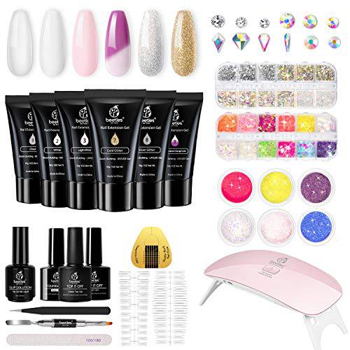 Beetles Poly Extension Gel Nail Kit, 6 Colors 30g gel with Mini Nail Lamp Slip Solution Rhinestone Glitter All In One Kit for Nail Manicure Beginner Starter Kit DIY at Home Mother’s Day Gift for Women