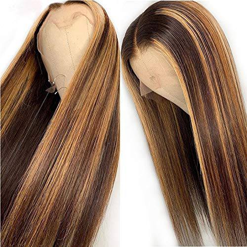 13x6 Straight Highlight 27 Colored Lace Front Wigs Human Hair PrePlucked Middle Part For Women Brazilian Lace Front Human Hair Wigs 150% Density. (18inch)