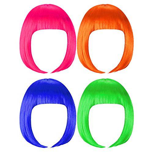 4 Pieces Colorful Bob Wigs Short Party Colored Wig Hair Costume Cosplay Daily Party Hairpiece for Women Girls Decoration(Pink, Orange, Green, Blue)