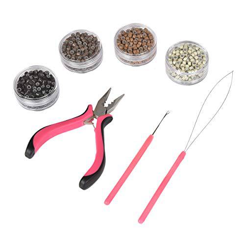 Microlinks Hair Extensions Kit Tool with 4 in 1 Metal Loop Threader Needle, Hair Extension Plier, 6 Colors of 3mm Silicone Microlink Beads for Hair Extension