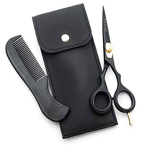 ONTAKI 5.5 Professional Japanese Steel Beard Mustache Scissors Salon Shears - Hand Forged Barber Scissors For Men Precision - Trimming Scissors for Beards, Mustache, Bangs, Hair & Pets (Gold & Black)
