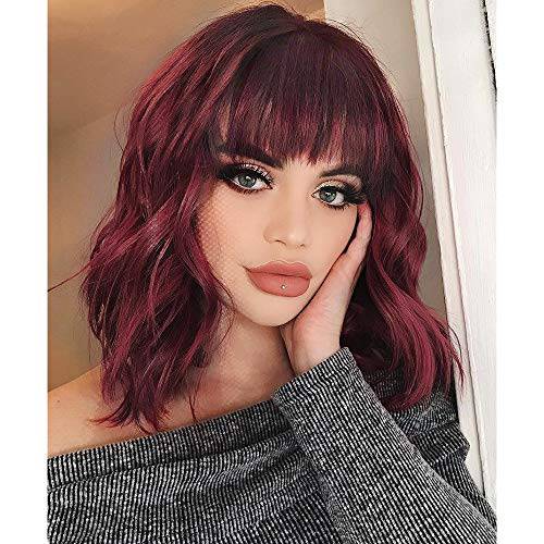 Nnzes Bob Curly Wig Synthetic Short Wine Red Wig with Bangs Natural Looking Heat Resistant Fiber Hair for Women