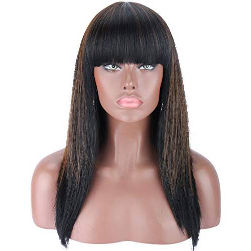 Kalyss Black Brown Highlights Wigs with Hair Bangs for Women Long Straight Natural Luster Heat Resistant Synthetic Hair Full Wigs
