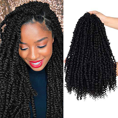 4 Packs Pre-twisted Passion Twists Synthetic Crochet Braids 18 inch Black Pre-looped Spring Bomb Crochet Hair Extensions Fiber Fluffy Curly Twist Braiding Hair (1B, 18 Inch (Pack of 4))