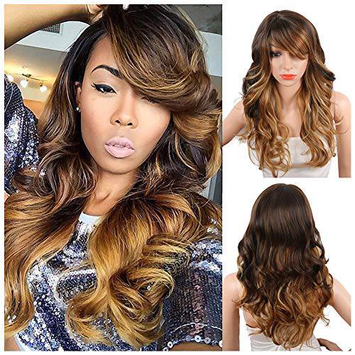 KRSI Ombre Blonde Synthetic Wigs for Black Women Long Natural Wavy Full Synthetic Hair Wigs For Women Side Parting With Bangs Heat Friendly Replacement Wigs 24 Inches Honey