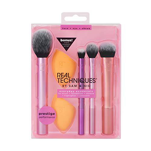 Real Techniques Makeup Brush Set with 2 Sponge Blenders, Multiuse Brushes, For Eyeshadow, Foundation, Blush, Highlighter, and Concealer, 6 Piece Makeup Brush Set
