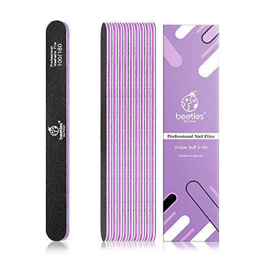 Beetles 10 PCS Professional Nail File Set, Double Sided Emery Board 100/180 Grit Nail Files Manicure Tools Kit for Home and Salon Use ,Acrylic False Nails