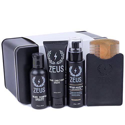 ZEUS Essential Travel Sized Refined Beard Oil Set, Beard Starter Kit, Cleanse, Soften, Moisturizes, Tame, Itch Free Skin - SANDALWOOD