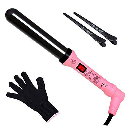 Le Angelique 1.25 Inch Large Barrel Ceramic Curling Wand for Long Hair & Big Beach Waves Curls - 32 mm Professional Thick Wide Curler Iron with Glove And 2 Clips, 450F Instant Heat, Dual Voltage -Pink