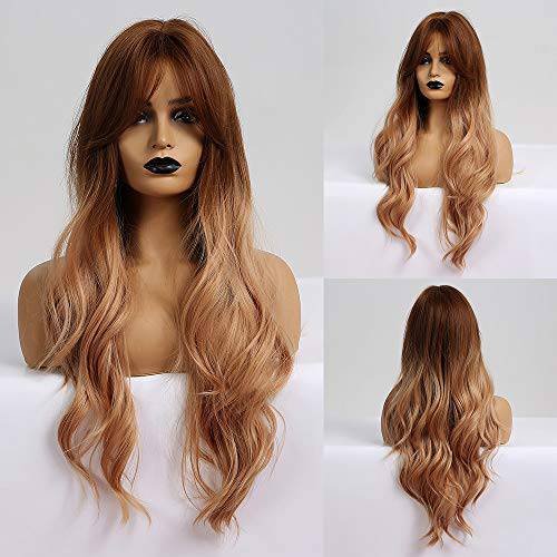 HAIRCUBE Long Curly Wig with Bangs Brown Wigs for Women Synthetic Wigs layered realistic wigs Daily Natural Looking