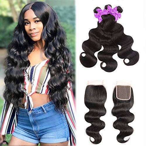 Brazilian Virgin Human Hair Body Wave 3 Bundles with Closure (10 12 14 +Closure 10) 100% Unprocessed Virgin Body Wave Human Hair Weave with 4x4 Lace Closure Can Be Dyed and Bleached