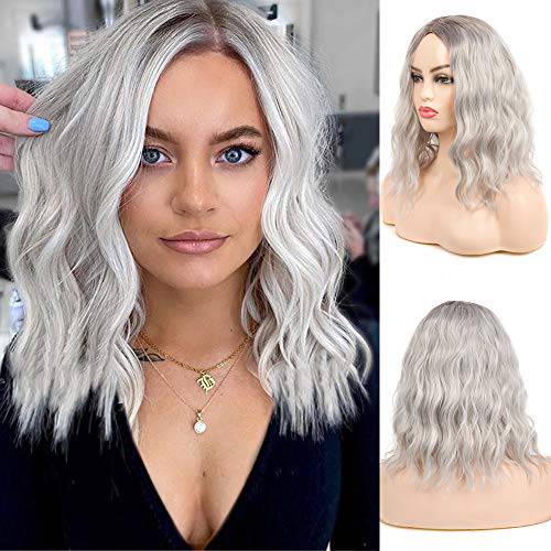 Baruisi Silver Grey Ombre Bob Wig Short Wavy Side Part Synthetic Heat Resistant Halloween Cosplay Wigs for Women