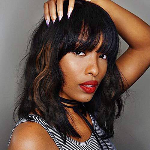 Nnzes Short Wavy Wig with Bangs Black Mixed Brown Bob Wavy Synthetic Wig for Women Natural Looking Heat Resistant Fiber Hair