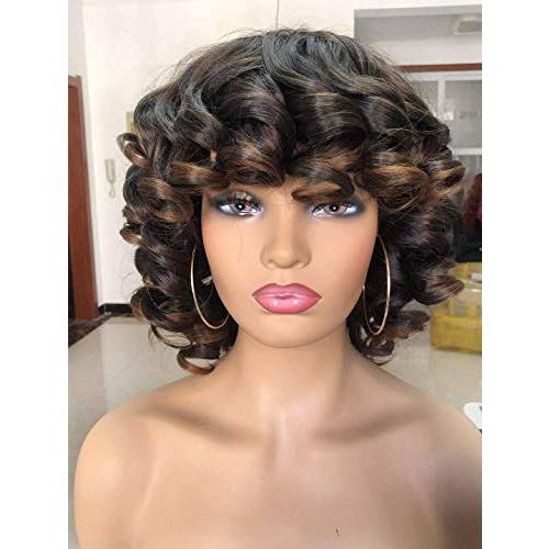 PRETTISEST Curly Afro Short Wigs with Bangs for Black Women Daily Use Fiber Kinky Curly Wig
