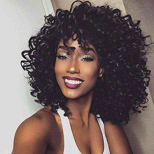 ANNIVIA Curly Afro Wig with Bangs Short Kinky Curly Wigs for Black Women Synthetic Fiber Soft Hair Short Curly Afro Wig (Black)