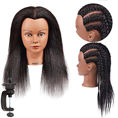 Morris African American Mannequin Head With 100% Human Hair Kinky Curly Manikin Head Training Head Cosmetology Doll Head for Hairdresser Practice Styling Braiding with Clamp Stand (14 Inch)