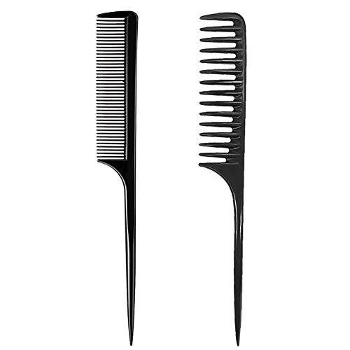 Women Rat Tail Comb Plastic Wide Tooth Comb Anti Static Hair Comb Detangling Hair Brush for All Hair Types Curly Hair Wet Hair (Black, 2Pack)
