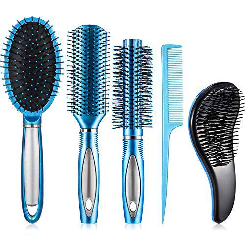 5 Pieces Hair Brush Set Detangling Brush Paddle Brush Round Hair Brush Tail Comb Wet Dry Brush for Women Men Hair Styling (Blue)