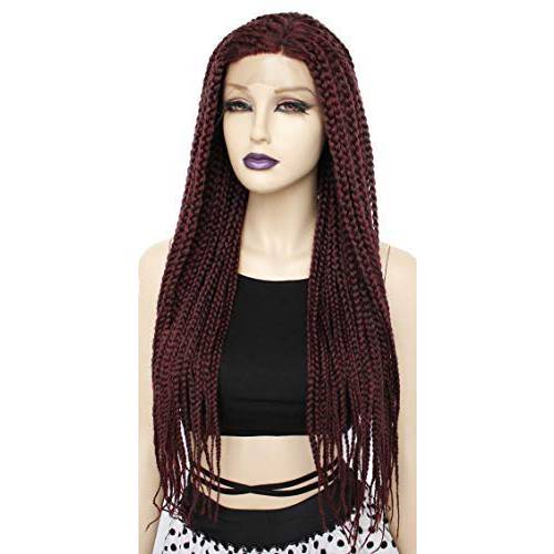 Ebingoo Wine Red Braided Lace Front Wig for Black Women Long Burgundy Lace Wig African American Box Braided Afro Braided Lace Front Wigs Braids Synthetic Wigs for Daily Wear