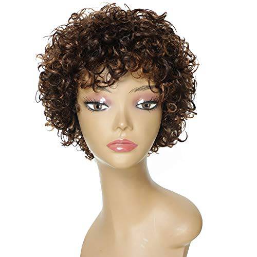 HUA Short Wigs for Black Women Human Hair Pixie Cut Short Curly Wigs Ombre Highlights Brown Mix 150% Density Natural Glueless Human Hair Wig