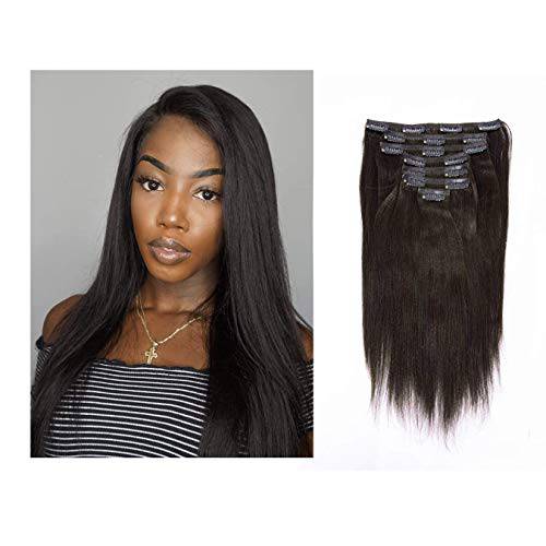 Lacer Light Yaki Clip in Hair Extensions, 16 inch Remy Human Hair Natural Black Thick Yaki Straight Clip ins for African American Woman Relaxed Hair 7 Pieces 120 Gram Per Set
