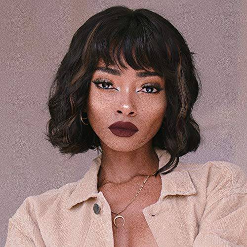 AISI HAIR Black Short Curly Bob Wigs With Bangs for Women Synthetic Black Wavy Wave Bob Wig Natural Heat Resistant Fiber Hair Wigs for Daily Party Life (Black)