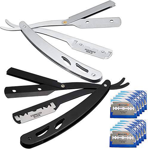 2 Pack Barber Straight Razors Straight Edge Shaving Razors Men Manual Shaver with 100 Pieces Double Edge Blades for Salon Barber, Black and Silvery