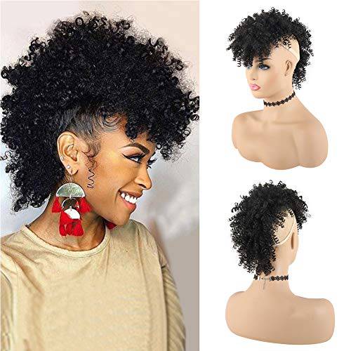 KRSI Afro High Puff Hair Bun Ponytail Drawstring With Bangs Synthetic Jerry Curly Mohawk Kinkys Curly Fauxhawks Pony Tail Clip in on Ponytails for Women Hair Extensions with six Clips(Black)