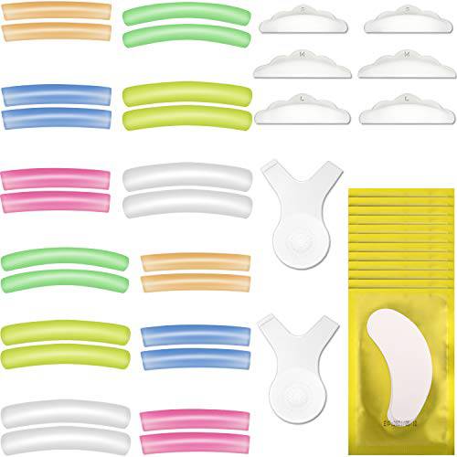 44pcs Eyelash Perming Curler Shield Pads Kit, 12 Pair 6 Sizes Lash lift Pads Silicone 12 Pack Eye Gel Pad Patches with 2 Pieces Y Shape Brushes and 3 Pair Lash Lift Rods Pads for Eyelash Lifting