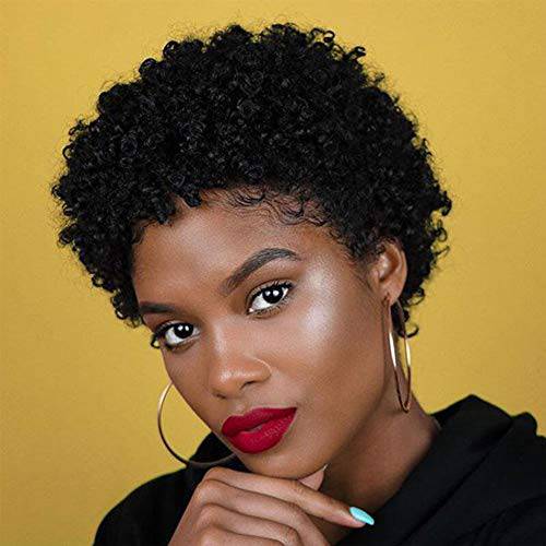 Short Afro Curly Human Hair Wigs for Black Women Kinky Curly Short Wigs 150% Density Afro Wig for African American Replacement Wigs Natural Black Color 1B